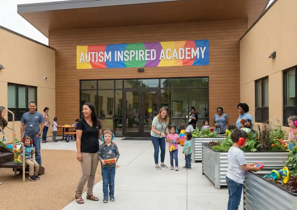 School entrance with an Autism Inspired Academy banner above the doors, with staff and students gathered on the walkway outside