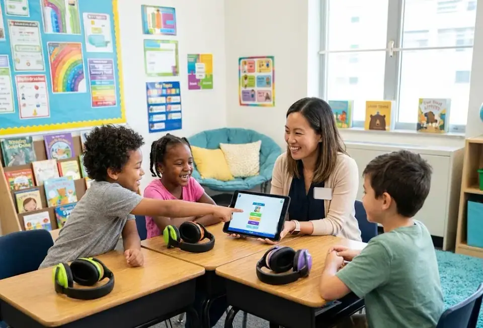 Teacher and three students at a classroom table working on a tablet, with headphones resting on the desks