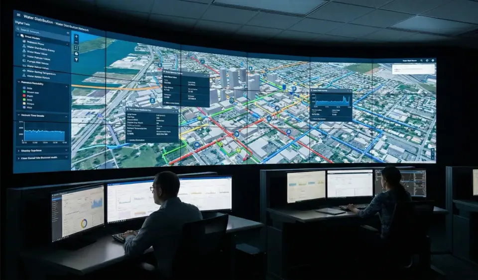 Two operators at desk workstations in a dark control room facing a curved video wall that shows a 3D map of a water distribution network