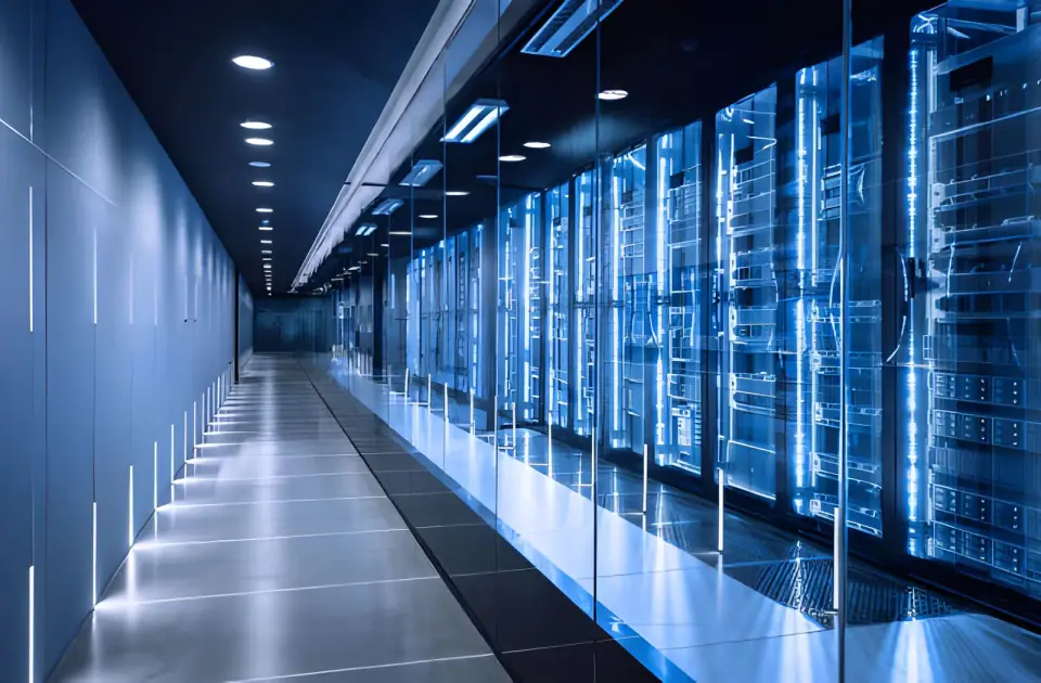 Long data center corridor lined with glass-fronted server racks glowing blue