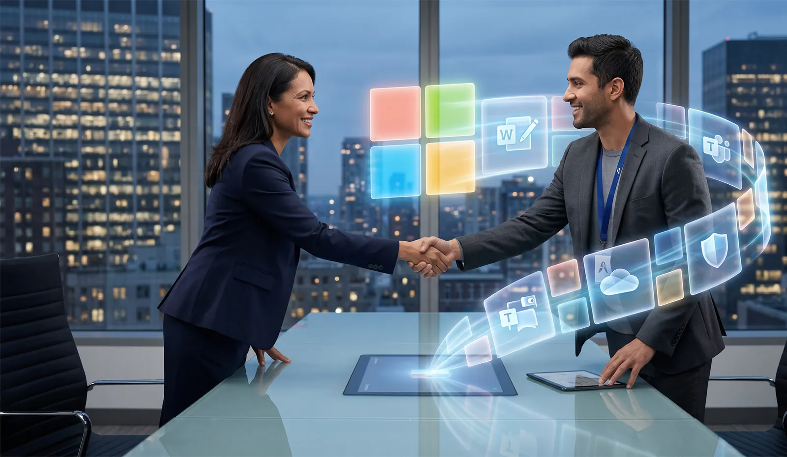 Two business partners shake hands beside floating Microsoft 365 app icons