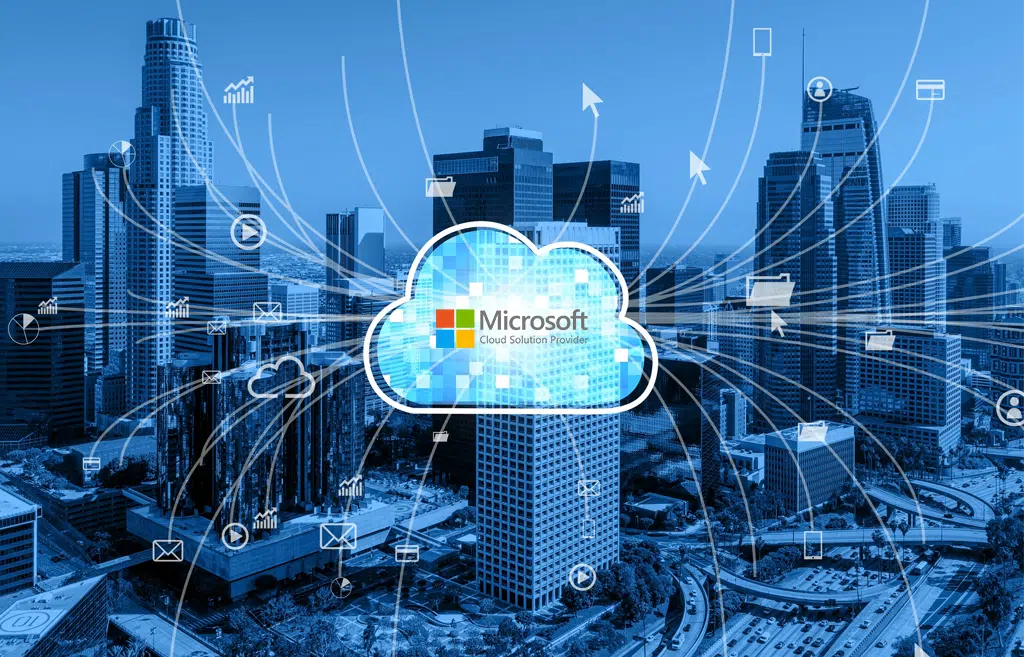 Cloud icon above a city skyline with connected lines of data