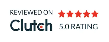 A graphic displaying a 5.0 rating with five red stars, indicating positive reviews on Clutch.
